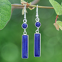 Lapis lazuli dangle earrings, 'Lively Magic' - Modern Lapis Lazuli Sterling Silver Bar Dangle Earrings