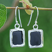 Onyx dangle earrings, 'Black Cool Squares' - Modern Black Onyx Sterling Silver Square Dangle Earrings