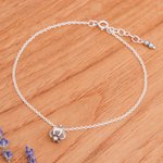 Hematite charm anklet, 'Petals in Balance' - Floral Natural Hematite and Karen Silver Charm Anklet