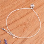 Hematite charm anklet, 'Petals in Balance' - Floral Natural Hematite and Karen Silver Charm Anklet