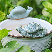 Celadon ceramic figurines, 'Patient Destiny' (pair) - Pair of Crackled Blue Celadon Ceramic Snail Figurines