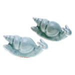 Celadon ceramic figurines, 'Tranquil Shells' (pair) - Pair of Crackled Celadon Ceramic Snail Figurines in Blue