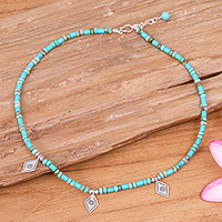 Silver beaded necklace, 'Lagoon Charms' - Recon Turquoise Beaded Necklace with Diamond-Shaped Charms