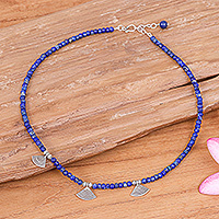 Lapis lazuli beaded necklace, 'Intellectual Amulet' - Lapis Lazuli Beaded Necklace with Fan-Shaped Silver Charms