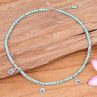 Silver beaded necklace, 'Summer Charms' - Recon Turquoise Beaded Necklace with Karen Silver Charms