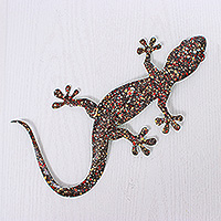 Iron wall art, 'Festive Scales' - Handcrafted Tropical-Inspired Iron Gecko Wall Art