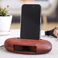 Mahogany wood phone speaker, 'Dapper Sounds' - Hand-Carved Minimalist Oval Mahogany Wood Phone Speaker