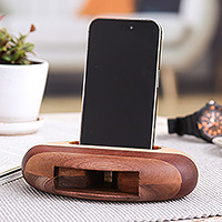 Wood phone speaker, 'Striped Sounds' - Hand-Carved Minimalist Oval Striped Wood Phone Speaker