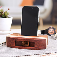 Wood phone speaker, 'Striped Connection' - Modern Striped Wood Phone Speaker Handcrafted in Thailand