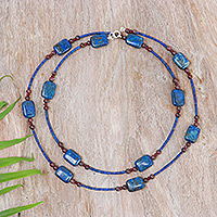 Lapis lazuli and garnet beaded long station necklace, Midnight Touch