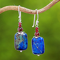 Lapis lazuli and garnet dangle earrings, Romantic Blueberry