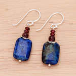 Lapis lazuli and garnet dangle earrings, 'Romantic Blueberry' - Lapis Lazuli and Garnet Dangle Earrings from Thailand