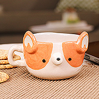 Ceramic espresso cup, 'Corgi Demitasse' - Dog-Themed Ceramic Corgi Demitasse Handcrafted in Thailand