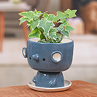 Ceramic mini flower pot, 'Endearing Elephant' - Elephant-Shaped Blue Ceramic Mini Flower Pot with Saucer