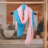 Cotton scarves, 'Celestial Facets' (set of 2) - Set of 2 Woven Soft Petal Pink and Cerulean Cotton Scarves