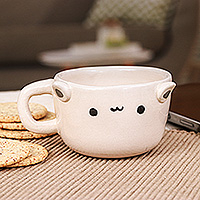 Ceramic espresso cup, 'White Cat Demitasse' - Thai Artisan-Made Animal-Themed Ceramic White Cat Demitasse