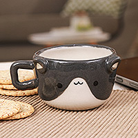 Ceramic espresso cup, 'Feline Demitasse' - Thai Animal-Themed Ceramic Grey & White Cat Espresso Cup