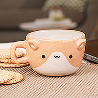 Ceramic espresso cup, 'Cat Demitasse' - Handcrafted Animal-Themed Ceramic Orange Cat Espresso Cup