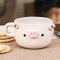 Ceramic espresso cup, 'Piglet Demitasse' - Handmade Glossy Ceramic Piglet Espresso Cup from Thailand