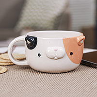 Ceramic cup, 'Calico Elixir' - Whimsical 6 oz Ceramic Calico Cat Cup with a Glossy Finish