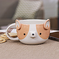 Ceramic cup, 'Corgi Elixir' - Whimsical 6 oz Ceramic Corgi Dog Cup with a Glossy Finish