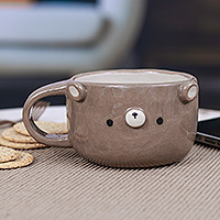 Ceramic cup, 'Bear Elixir' - Thai Ceramic 6 oz Bear Cup with a Glossy Finish