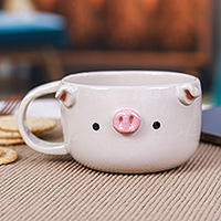 Ceramic cup, 'Piglet Elixir' - Hand Made 6 oz Ceramic Piglet Cup with a Glossy Finish