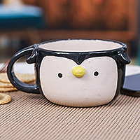 Ceramic cup, 'Penguin Elixir' - Handcrafted 6 oz Thai Ceramic Penguin Cup with Glossy Finish