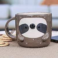 Ceramic mug, 'Sloth Morning' - Handcrafted 9 oz Glossy-Finished Ceramic Sloth Mug