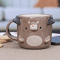 Ceramic mug, 'Deer Morning' - Fair Trade Glossy-Finished 9 oz Brown Ceramic Deer Mug