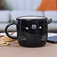 Ceramic mug, 'Buffalo Morning' - Whimsical Handcrafted Glossy-Finished Ceramic Buffalo Mug