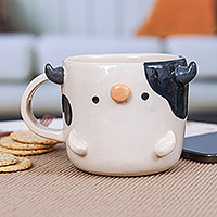 Ceramic mug, 'Cow Morning' - Hand Made 9 oz Glazed Ceramic Cow Mug from Thailand