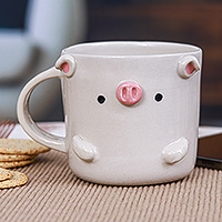 Ceramic mug, 'Piglet Morning' - Handmade 9 oz Ceramic Piglet Mug with Glossy Finish