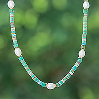 Hematite and cultured pearl beaded necklace, 'Jewels of the Sea' - Hematite and Recon Turquoise Necklace with White Pearls