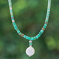 Cultured pearl beaded pendant necklace, 'Aquatic Moon' - Reconstituted Turquoise Beaded Necklace with Pearl Pendant