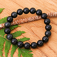 Obsidian beaded stretch bracelet, 'Dark Mist' - Handcrafted Obsidian Beaded Stretch Bracelet from Thailand