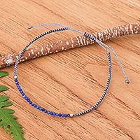 Lapis lazuli beaded macrame pendant bracelet, 'Ocean Delicacy' - Lapis Lazuli Beaded Pendant Bracelet with Grey Macrame Cord