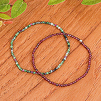 Garnet and zoisite beaded stretch bracelets, 'Double Splendor' (pair) - 2 Beaded Stretch Bracelets with Garnet and Zoisite Stones