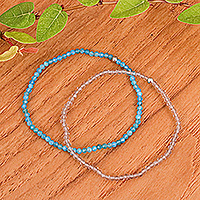 Apatite and smoky quartz beaded stretch bracelets, 'Double Chic' (pair) - 2 Handmade Apatite and Smoky Quartz Beaded Stretch Bracelets