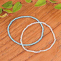 Moonstone and reconstituted turquoise beaded stretch bracelets, 'Double Glam' (pair) - 2 Moonstone Reconstituted Turquoise Beaded Stretch Bracelets