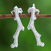 Sterling silver drop earrings, 'The Timber' - Nature-Themed Brushed-Satin Sterling Silver Drop Earrings