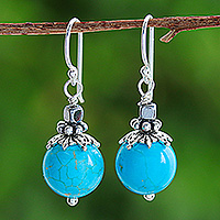 Hematite dangle earrings, 'Coastal Glory' - Classic Thai Recon Turquoise and Hematite Dangle Earrings