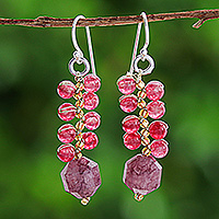 Glass beaded dangle earrings, 'Cranberries' - Handcrafted Cranberry-Inspired Glass Beaded Dangle Earrings