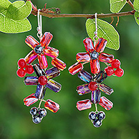 Quartz and glass beaded dangle earrings, 'Fire Spring' - Thai-Made Floral Red Quartz and Glass Beaded Dangle Earrings