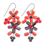 Quartz and glass beaded dangle earrings, 'Fire Spring' - Thai-Made Floral Red Quartz and Glass Beaded Dangle Earrings