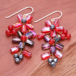 Quartz and glass beaded dangle earrings, 'Fire Spring' - Thai-Made Floral Red Quartz and Glass Beaded Dangle Earrings