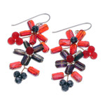 Quartz and glass beaded dangle earrings, 'Fire Spring' - Thai-Made Floral Red Quartz and Glass Beaded Dangle Earrings
