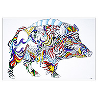 'Wild Boar' - Traditional Thai Year of the Pig Acrylic on Canvas Painting