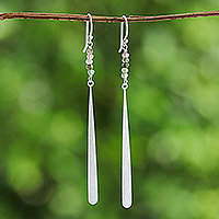 Tourmaline dangle earrings, 'Minimalistic Drop' - Brushed-Satin Finished Tourmaline Silver Dangle Earrings