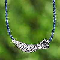 Lapis lazuli beaded pendant necklace, Fish Fantasy